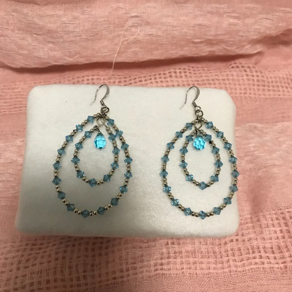 Double Hoop Blue and Silver Beaded Earrings